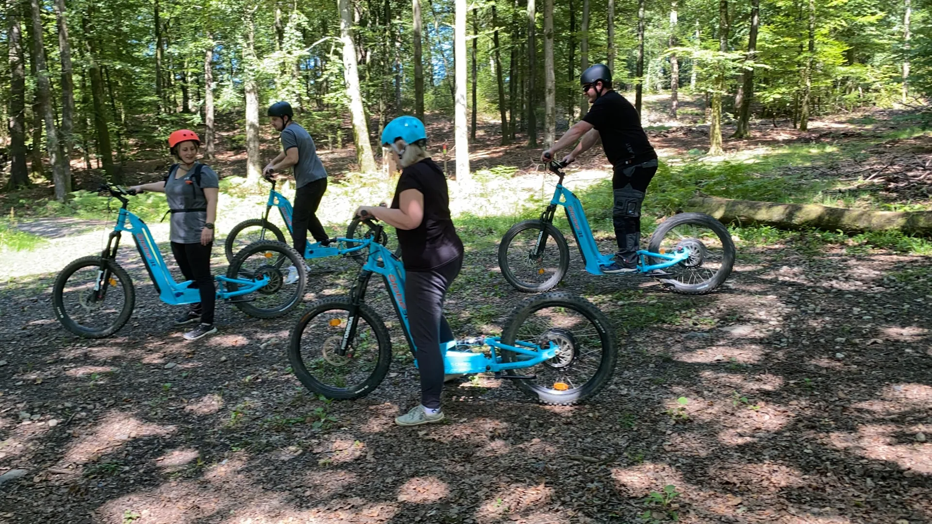 Balade en trottinette électrique tout-terrain avec I.D. Trotti dans une forêt des Ardennes belges à Bastogne.